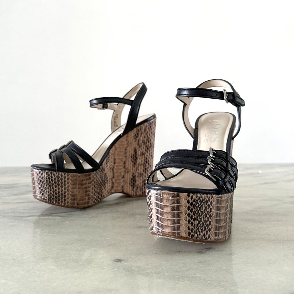 Michael Kors Jacinda Black Python Snake Buckle Wedge Platform Sandals 6